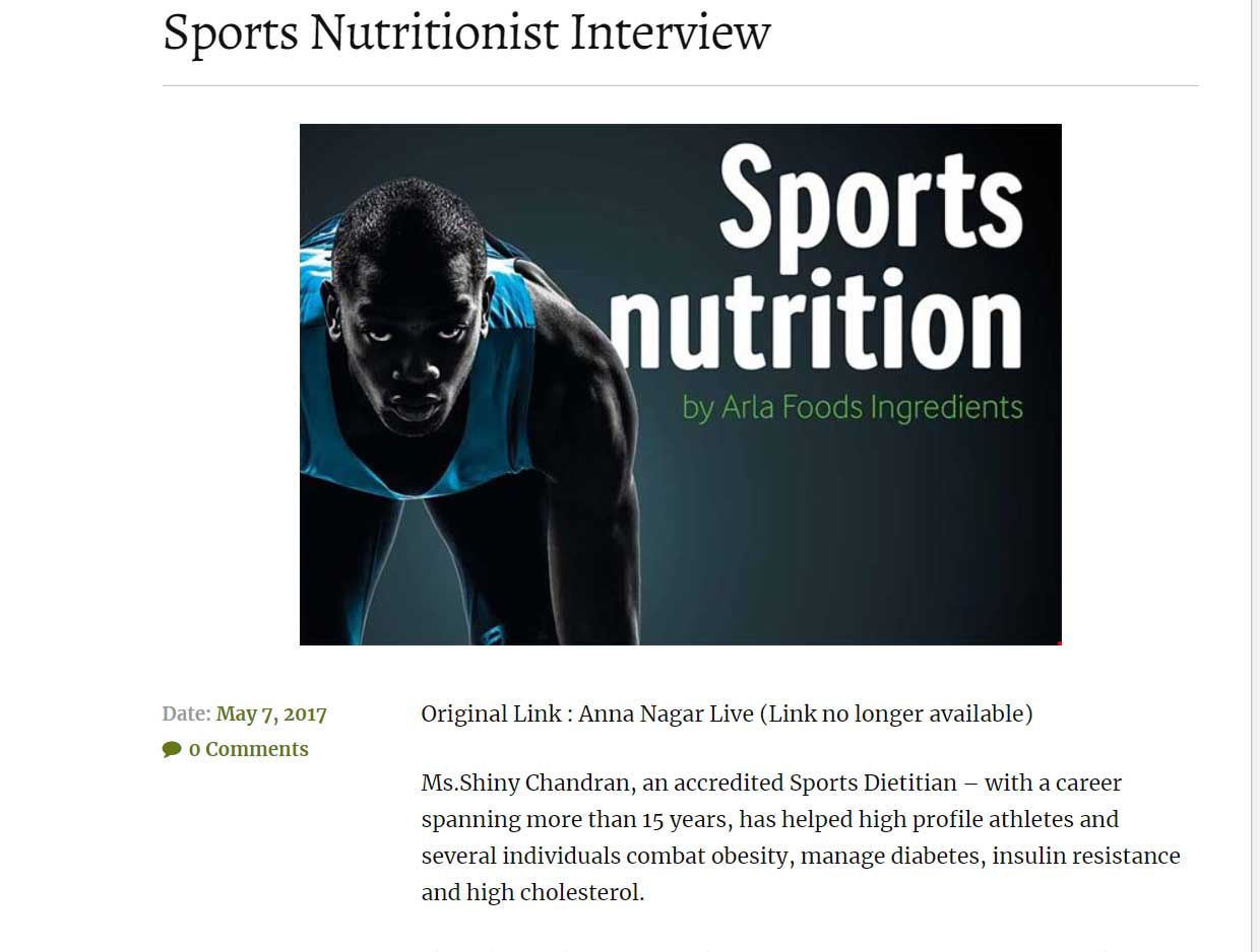 Sports Nutritionist Interview — published feature involving Shiny Surendran
